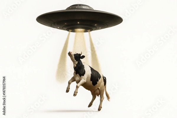 Fototapeta Cow being abducted by UFO alien spaceship with glowing beams, white background