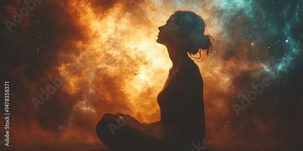 Obraz Silhouette of a person meditating in cosmic background