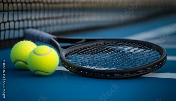 Obraz Tennis racket and balls on court