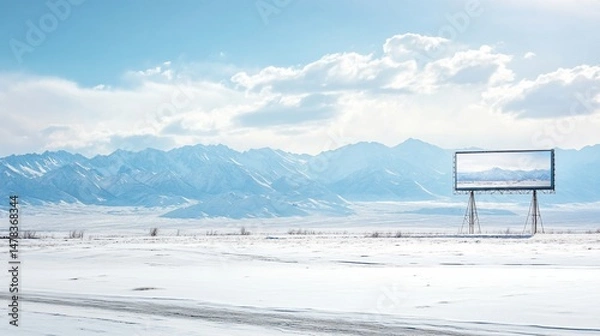 Obraz Surreal snowy landscape with billboard mirroring distant mountains