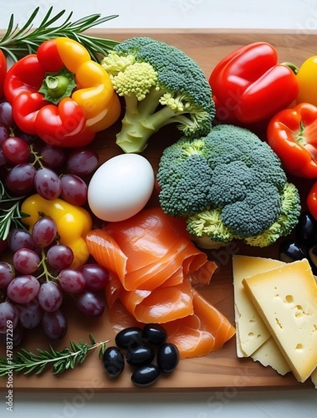Fototapeta Assorted healthy ingredients including vegetables, fruits, cheese, eggs, olives, and salmon beautifully arranged on a wooden surface for nutritious cooking or meal planning

