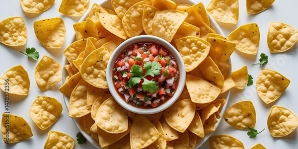 Fototapeta Delicious round arrangement of crispy yellow tortilla chips surrounding a bowl of vibrant salsa garnished with fresh cilantro, offering a festive and appetizing snack presentation
