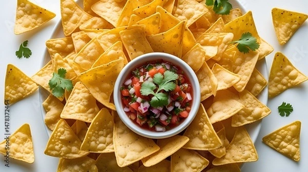 Fototapeta Delicious round arrangement of crispy yellow tortilla chips surrounding a bowl of vibrant salsa garnished with fresh cilantro, offering a festive and appetizing snack presentation
