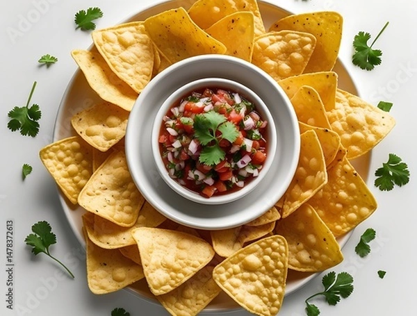 Fototapeta Delicious round arrangement of crispy yellow tortilla chips surrounding a bowl of vibrant salsa garnished with fresh cilantro, offering a festive and appetizing snack presentation
