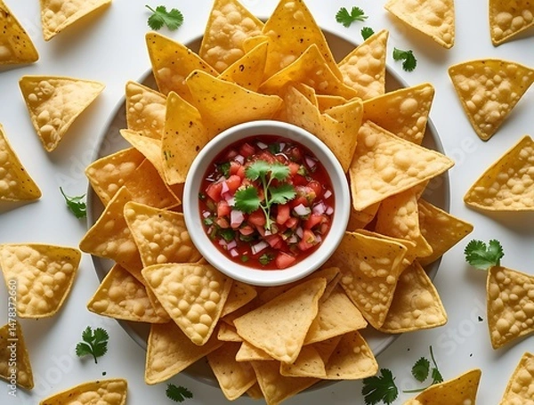 Fototapeta Delicious round arrangement of crispy yellow tortilla chips surrounding a bowl of vibrant salsa garnished with fresh cilantro, offering a festive and appetizing snack presentation
