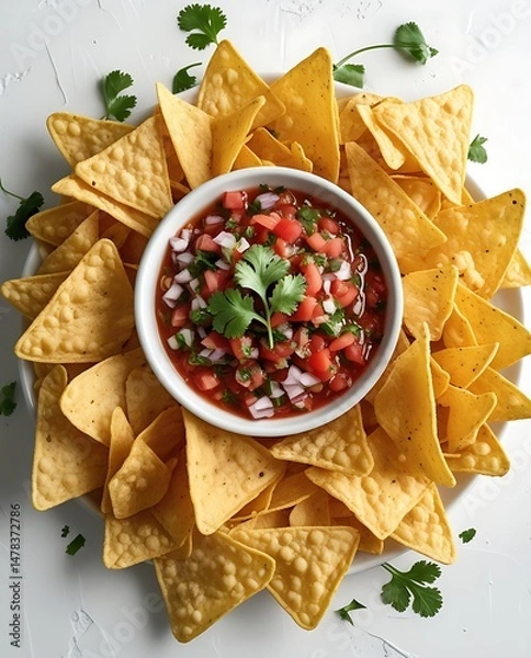 Fototapeta Delicious round arrangement of crispy yellow tortilla chips surrounding a bowl of vibrant salsa garnished with fresh cilantro, offering a festive and appetizing snack presentation
