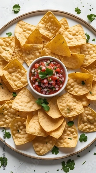 Fototapeta Delicious round arrangement of crispy yellow tortilla chips surrounding a bowl of vibrant salsa garnished with fresh cilantro, offering a festive and appetizing snack presentation
