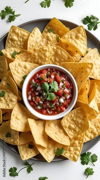Fototapeta Delicious round arrangement of crispy yellow tortilla chips surrounding a bowl of vibrant salsa garnished with fresh cilantro, offering a festive and appetizing snack presentation

