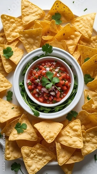 Fototapeta Delicious round arrangement of crispy yellow tortilla chips surrounding a bowl of vibrant salsa garnished with fresh cilantro, offering a festive and appetizing snack presentation
