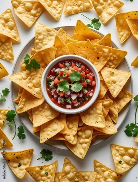 Fototapeta Delicious round arrangement of crispy yellow tortilla chips surrounding a bowl of vibrant salsa garnished with fresh cilantro, offering a festive and appetizing snack presentation
