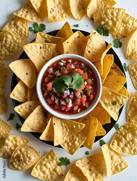 Fototapeta Delicious round arrangement of crispy yellow tortilla chips surrounding a bowl of vibrant salsa garnished with fresh cilantro, offering a festive and appetizing snack presentation
