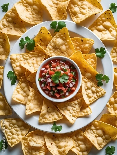 Fototapeta Delicious round arrangement of crispy yellow tortilla chips surrounding a bowl of vibrant salsa garnished with fresh cilantro, offering a festive and appetizing snack presentation
