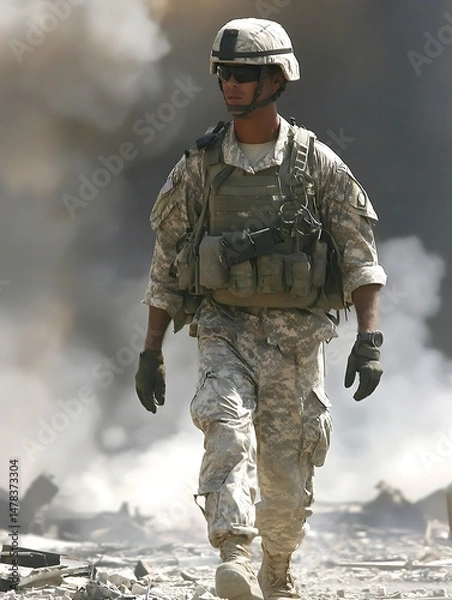 Obraz Soldier walking amidst rubble
