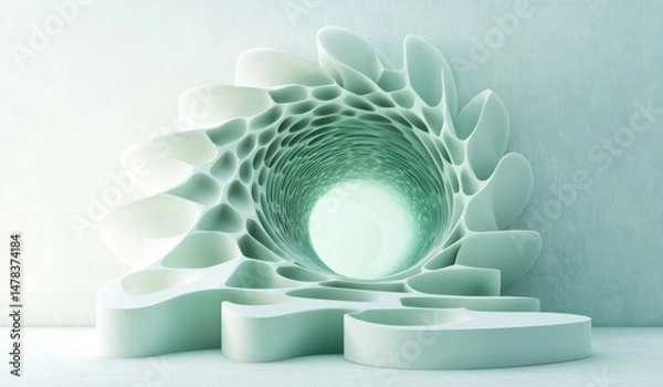 Obraz Abstract light green tunnel with smooth curved and layered hollow shapes creating a spiral effect, set against a textured pale wall, evoking a sense of depth and calm