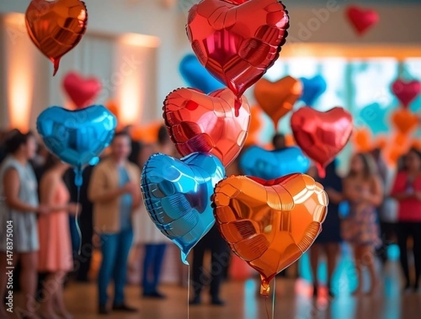 Fototapeta Colorful heart-shaped balloons floating above a cheerful crowd at an indoor celebration, capturing the joyful spirit of love, romance, togetherness, and festive atmosphere
