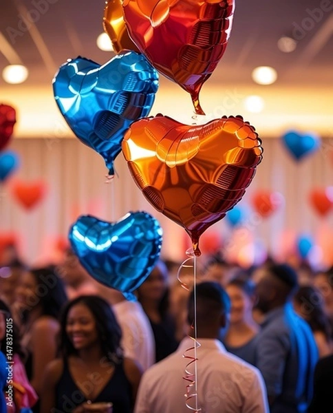 Fototapeta Colorful heart-shaped balloons floating above a cheerful crowd at an indoor celebration, capturing the joyful spirit of love, romance, togetherness, and festive atmosphere

