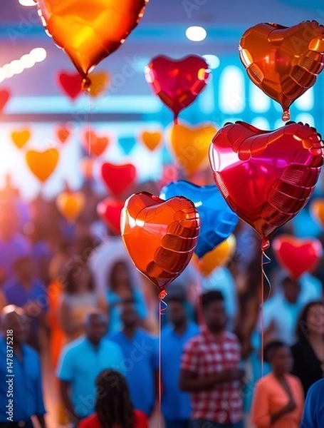 Fototapeta Colorful heart-shaped balloons floating above a cheerful crowd at an indoor celebration, capturing the joyful spirit of love, romance, togetherness, and festive atmosphere
