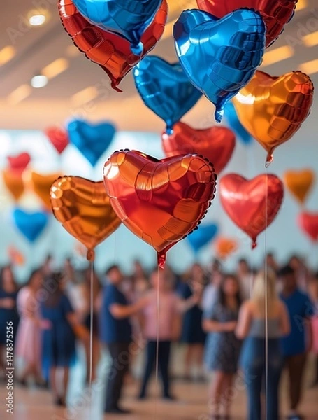 Fototapeta Colorful heart-shaped balloons floating above a cheerful crowd at an indoor celebration, capturing the joyful spirit of love, romance, togetherness, and festive atmosphere
