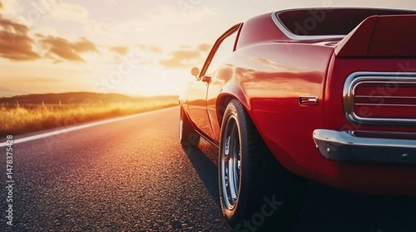Fototapeta Vibrant Red Vintage Car on Open Road at Sunset - A Nostalgic Journey