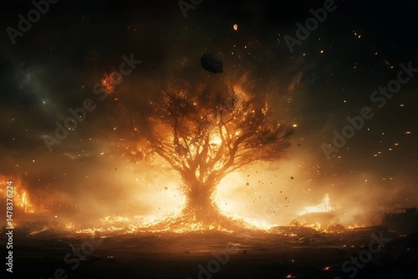 Obraz Burning tree in fiery landscape