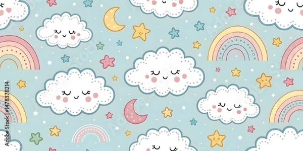 Obraz Seamless Pastel Cloud, Rainbow, and Star Pattern for Kids