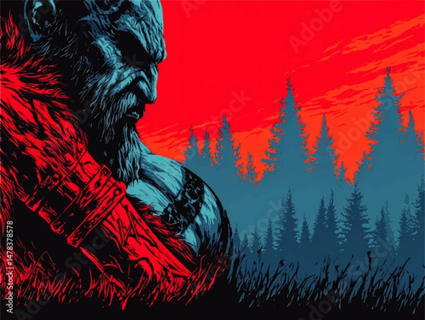 Fototapeta Powerful Warrior Vector Illustration in Bold Red and Blue Colors Against Dramatic Forest Silhouette Background Symbolizing Strength War and Determination in Fantasy Art