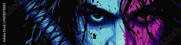 Fototapeta Intense Vector Illustration of Dramatic Blue and Purple Face Expression with Striking Eyes Vivid Abstract Digital Painting Depicting Dark Artistic Emotion Splatter Art