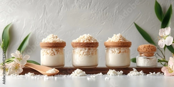 Obraz Small jars of creamy dessert topped with shredded flakes