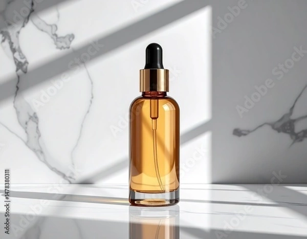 Fototapeta A high-end cosmetic bottle mockup placed on a marble surface with elegant lighting and reflections.