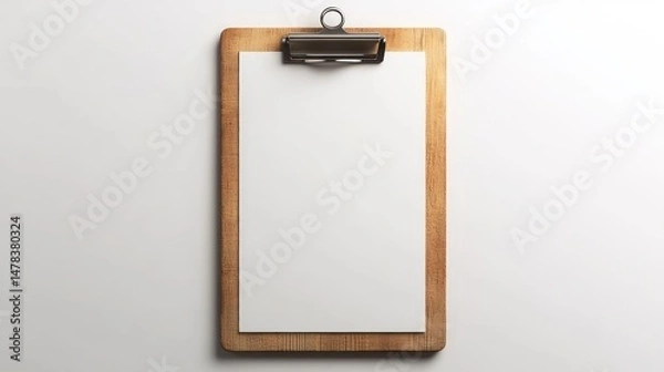 Fototapeta Blank white sheet of paper clipped on wooden clipboard on white surface, minimal and clean workspace concept
