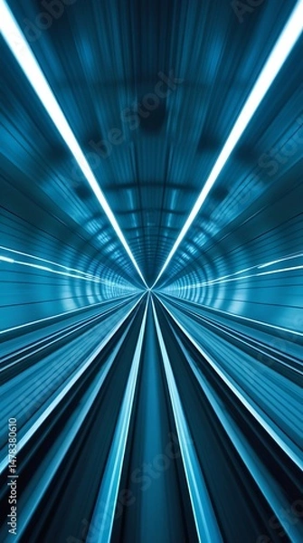 Fototapeta Futuristic high-speed tunnel in motion blur with glowing blue lights, symbolizing technology, speed, innovation, transportation, and the concept of digital transformation

