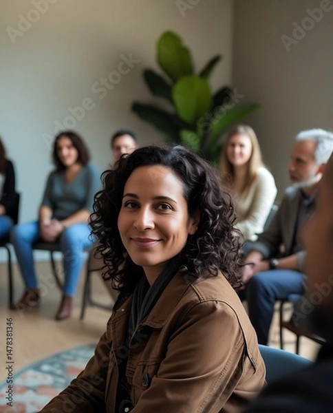 Fototapeta Confident woman smiling at camera while sitting in a support or discussion group session with diverse people, symbolizing connection, trust, mental health, and community support


