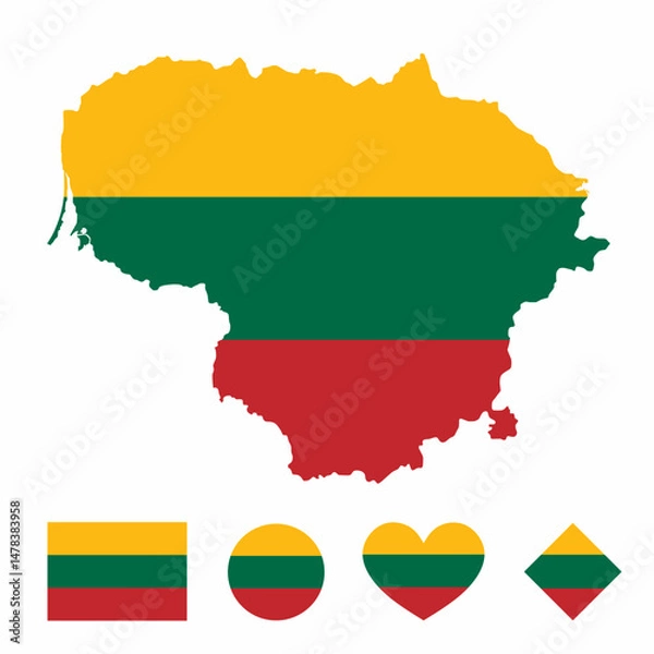 Fototapeta Vector set of Lithuania high detailed map flag and national flag round badge isolated on white background.
