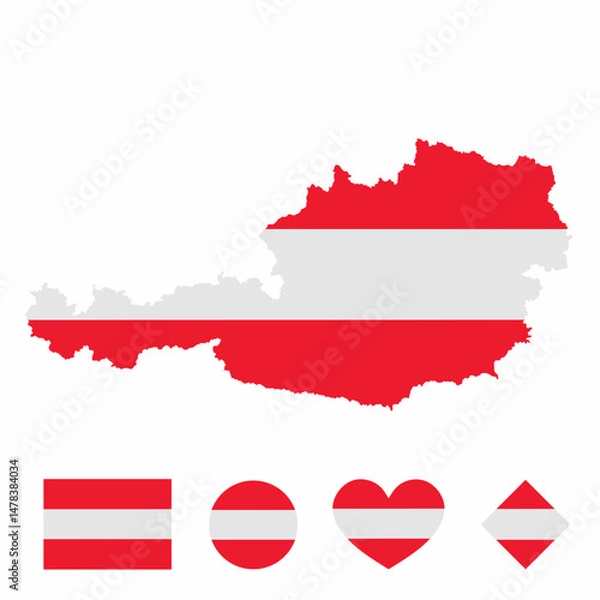 Fototapeta Vector set of Austria high detailed map flag and national flag round badge isolated on white background.