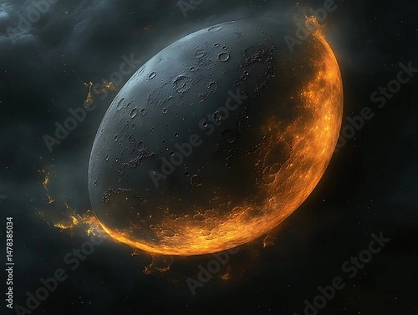 Obraz A fiery moon in stormy space