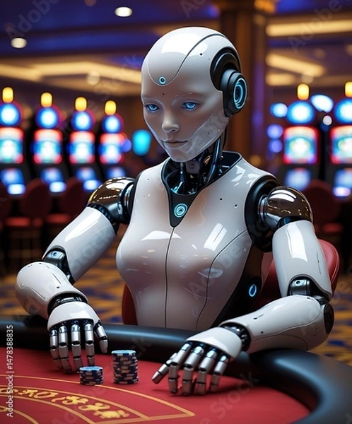 Fototapeta Futuristic humanoid robot playing poker at a casino table, combining advanced artificial intelligence and gambling, ideal for concepts of technology, gaming, and automation
