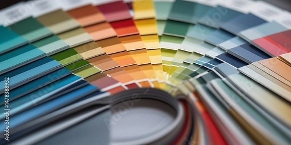Fototapeta Close-up of a color swatch fan deck displaying a full spectrum of vibrant hues, ideal for design, printing, interior planning, and artistic creativity themes
