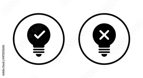 Fototapeta Light bulb check and cross mark icon on circle line. Creativity and stagnation sign symbol