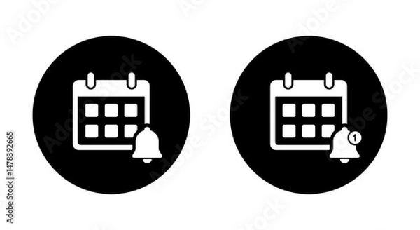 Fototapeta Event reminder icon on black circle. Calendar with notification bell sign symbol