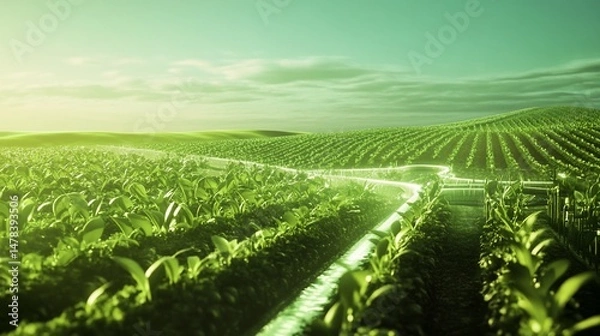 Obraz Lush green agriculture landscape with futuristic irrigation system