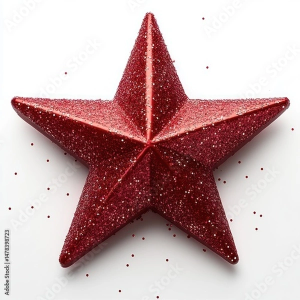 Fototapeta Close-up of a red glittery star decoration on a white background with scattered glitter sparkles around it