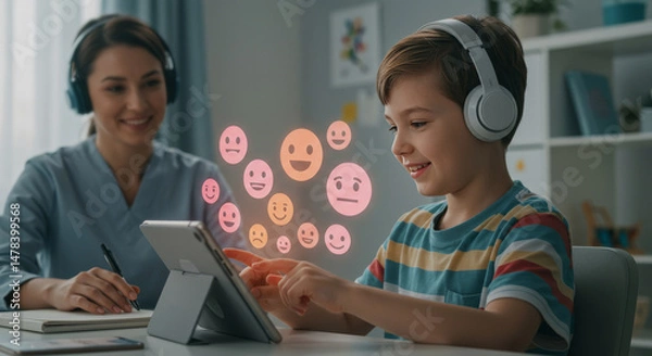 Fototapeta Boy learning online with a teacher and emotions