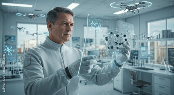 Fototapeta Scientist Manipulating Digital Data With Drones in High Tech Laboratory