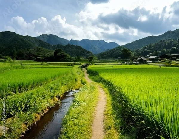 Obraz 水田が広がる日本ののどかな田舎の風景