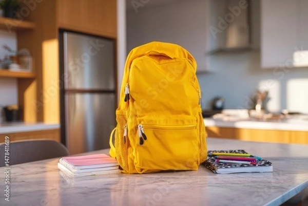 Fototapeta Yellow backpack with notebooks and pencils on a table ready for school