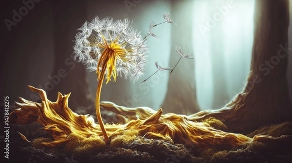Fototapeta A delicate dandelion in a mystical forest setting.