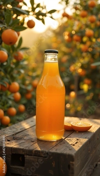 Fototapeta Refreshing orange juice bottle sits on rustic wood table amidst vibrant citrus grove at sunset.