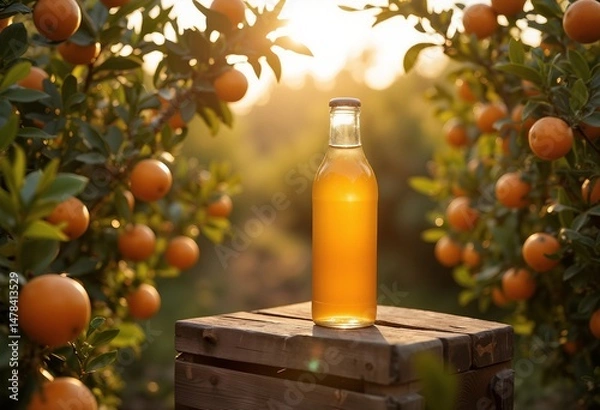 Fototapeta Golden orange juice bottle sits on rustic crate amidst sun-drenched citrus trees.