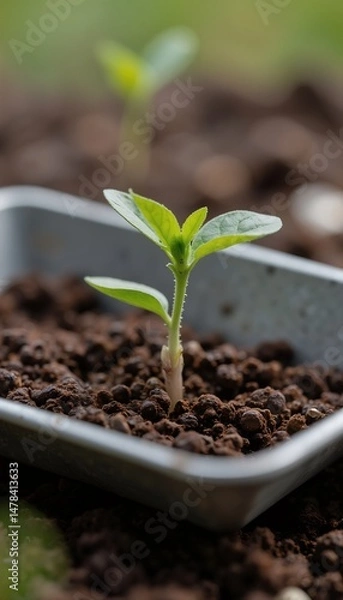 Fototapeta Vibrant seedling emerges from rich soil in a small tray, symbolizing growth and new beginnings.