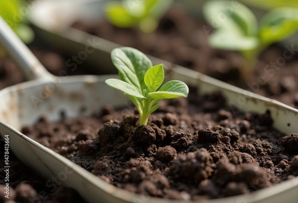 Fototapeta Tiny seedling emerges from rich soil within weathered trowel, symbolizing growth and new beginnings.